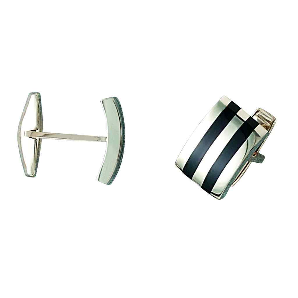 A 14k white gold stripped cufflinks with onyx inlay displayed on a neutral white background.