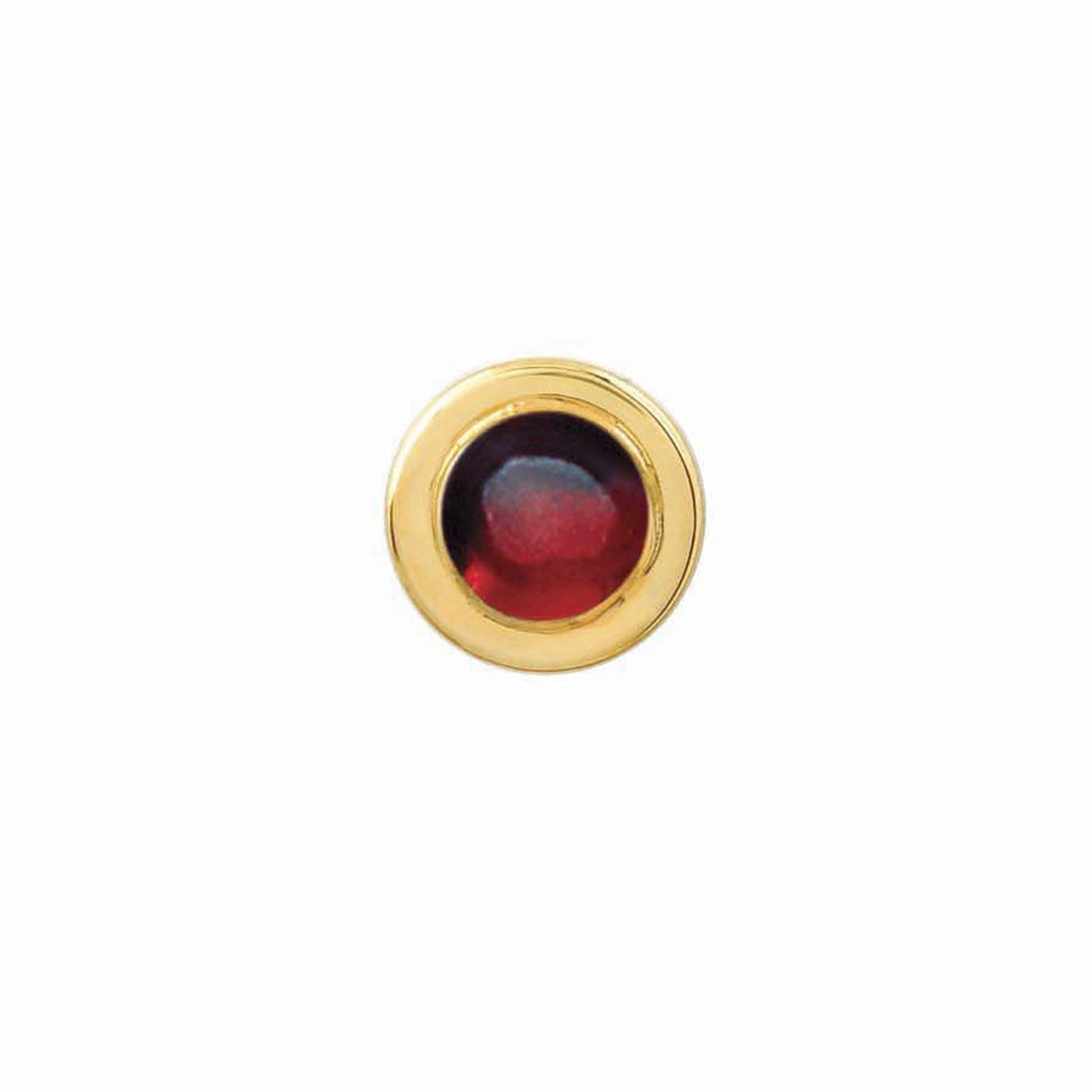 A 14k yellow gold tie tack with red garnet displayed on a neutral white background.