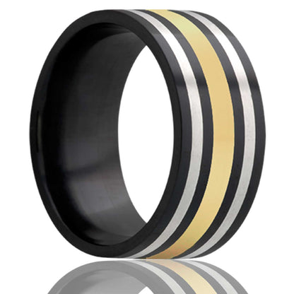 14k Yellow Gold & Argentium Silver Inlay Zirconium Wedding Band