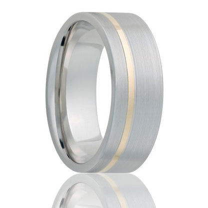 A 14k yellow gold asymmetrical inlay cobalt wedding band displayed on a neutral white background.