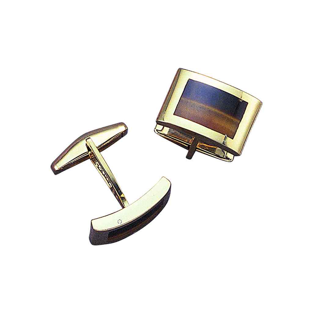 A 14k yellow gold cufflinks with tiger eye inlay displayed on a neutral white background.