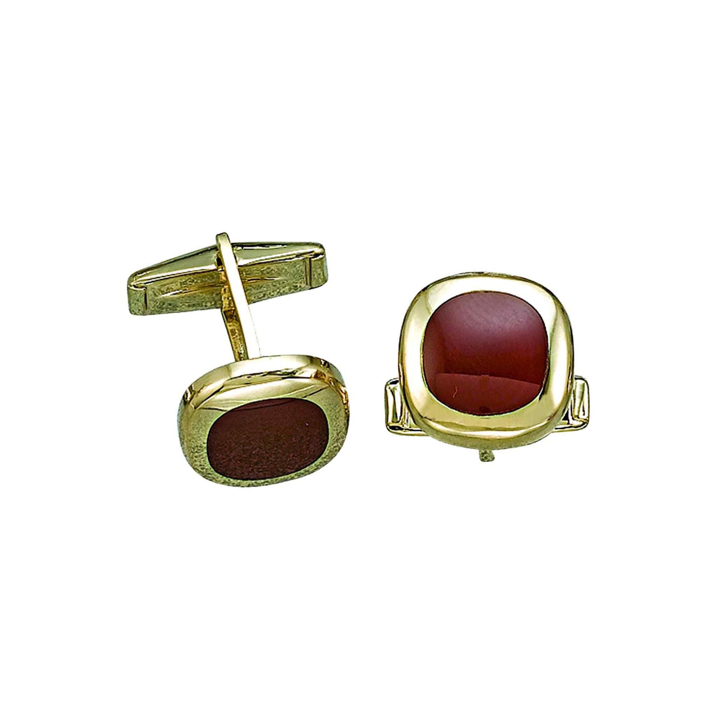 A 14k yellow gold cushion with carnelian center displayed on a neutral white background.