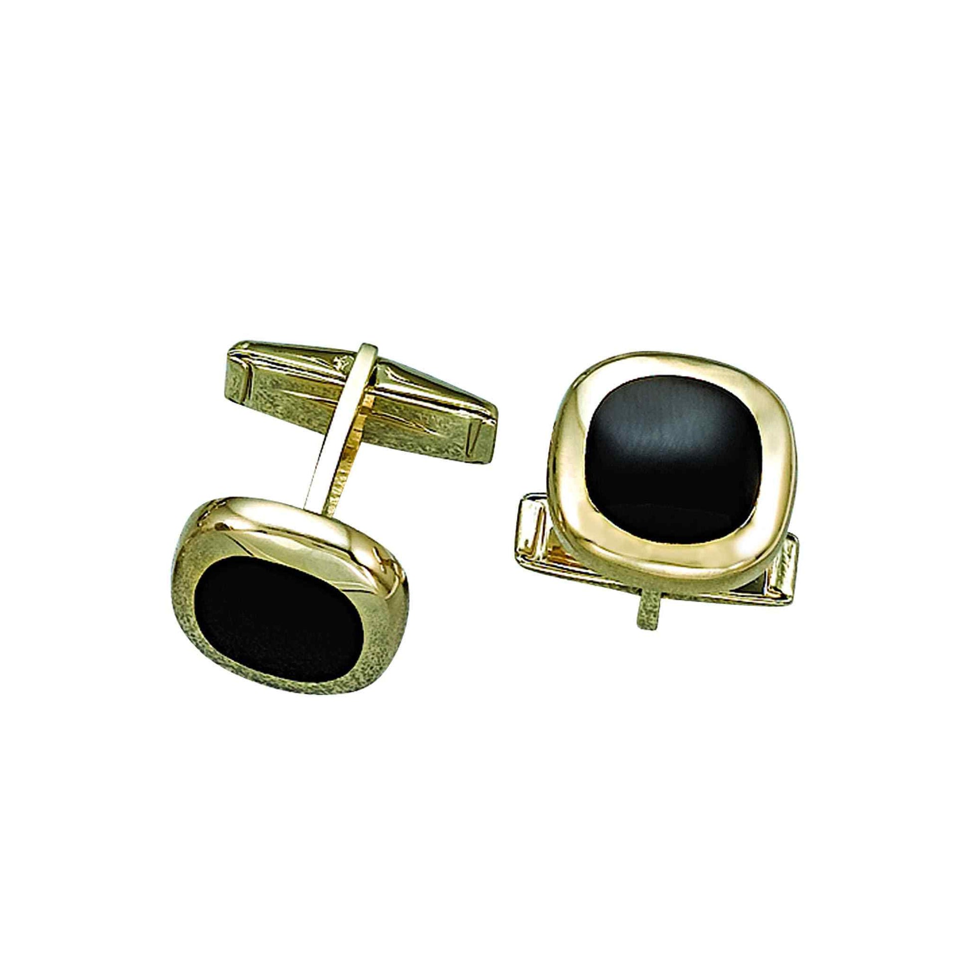 A 14k yellow gold cushion with onyx center displayed on a neutral white background.