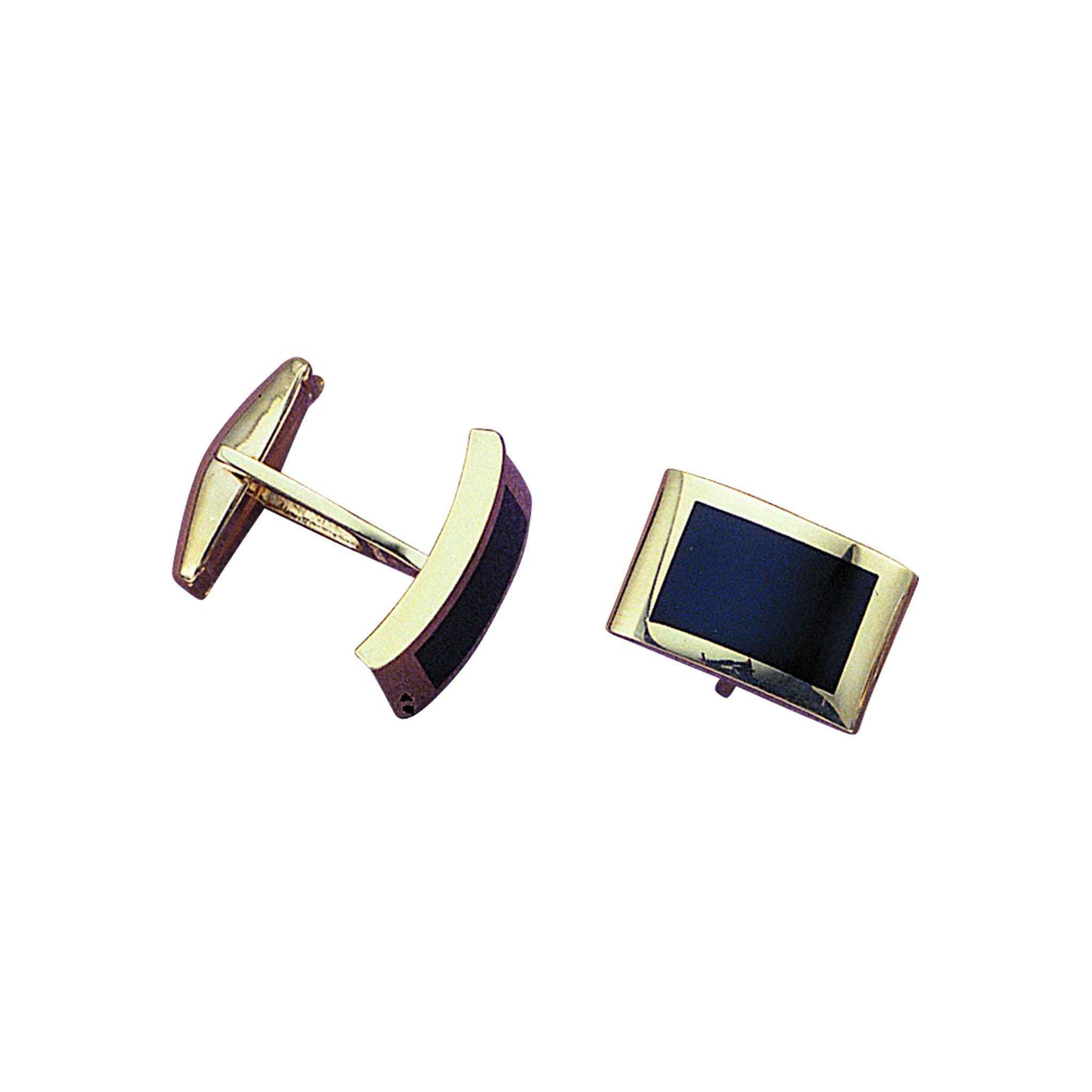 A 14k yellow gold dapped rectangle onyx cufflinks displayed on a neutral white background.