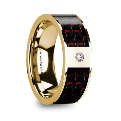 14k Yellow Gold & Diamond Men's Wedding Band with Black & Red Carbon Fiber Inlay