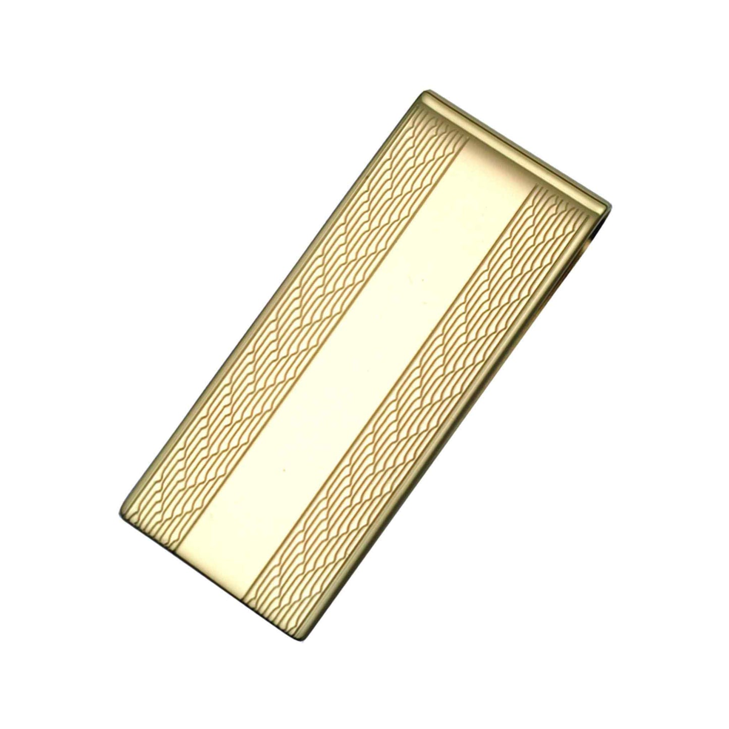 A 14k yellow gold etched herringbone 3/4" money clip displayed on a neutral white background.