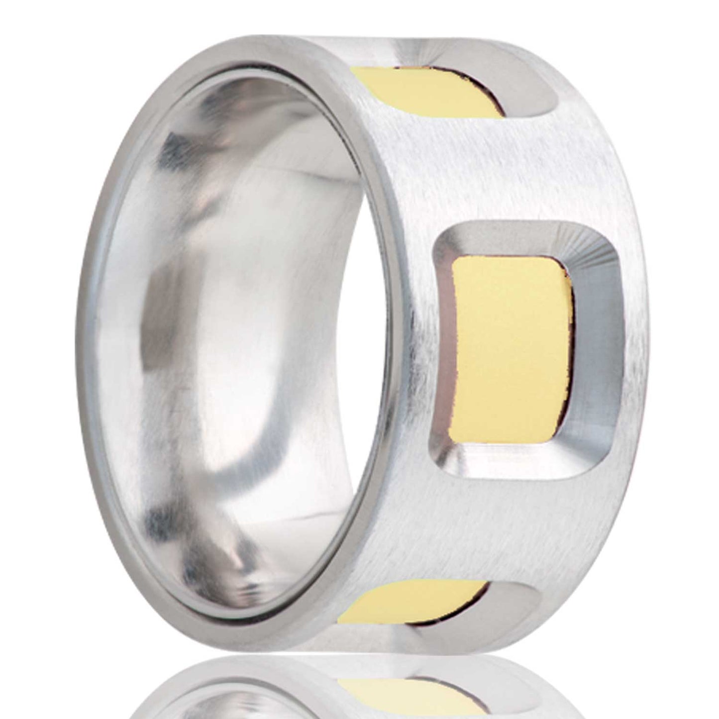 A cobalt men's men's wedding band with 14k yellow gold inlays displayed on a neutral white background.