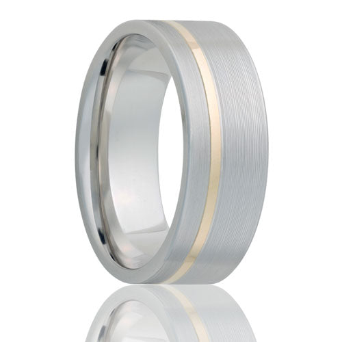 A 14k yellow gold asymmetrical inlay cobalt wedding band displayed on a neutral white background.