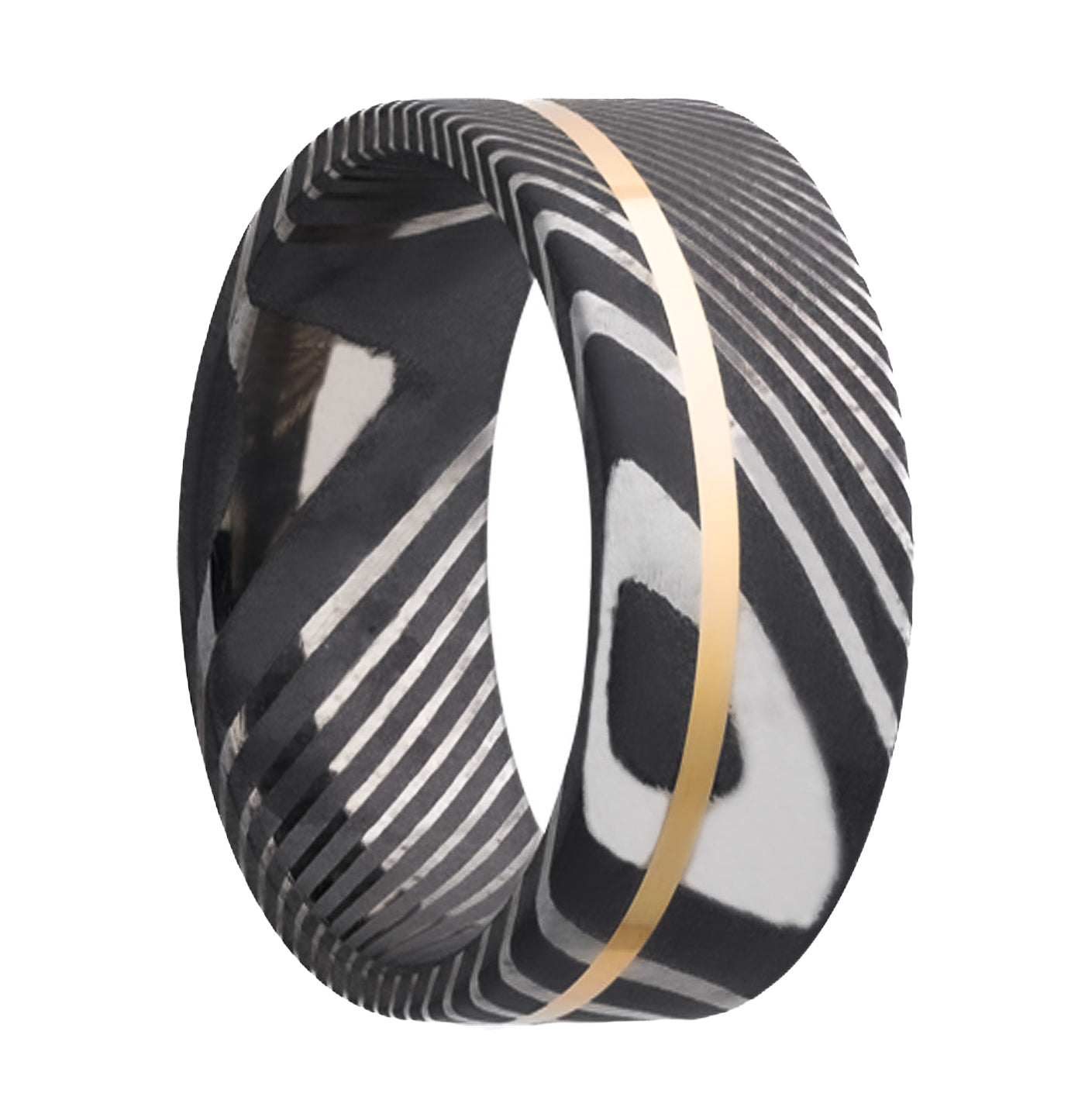 A asymmetrical 14k yellow gold inlay damascus men's wedding band displayed on a neutral white background.