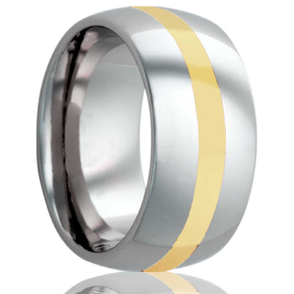 A 14k yellow gold inlay domed cobalt wedding band displayed on a neutral white background.
