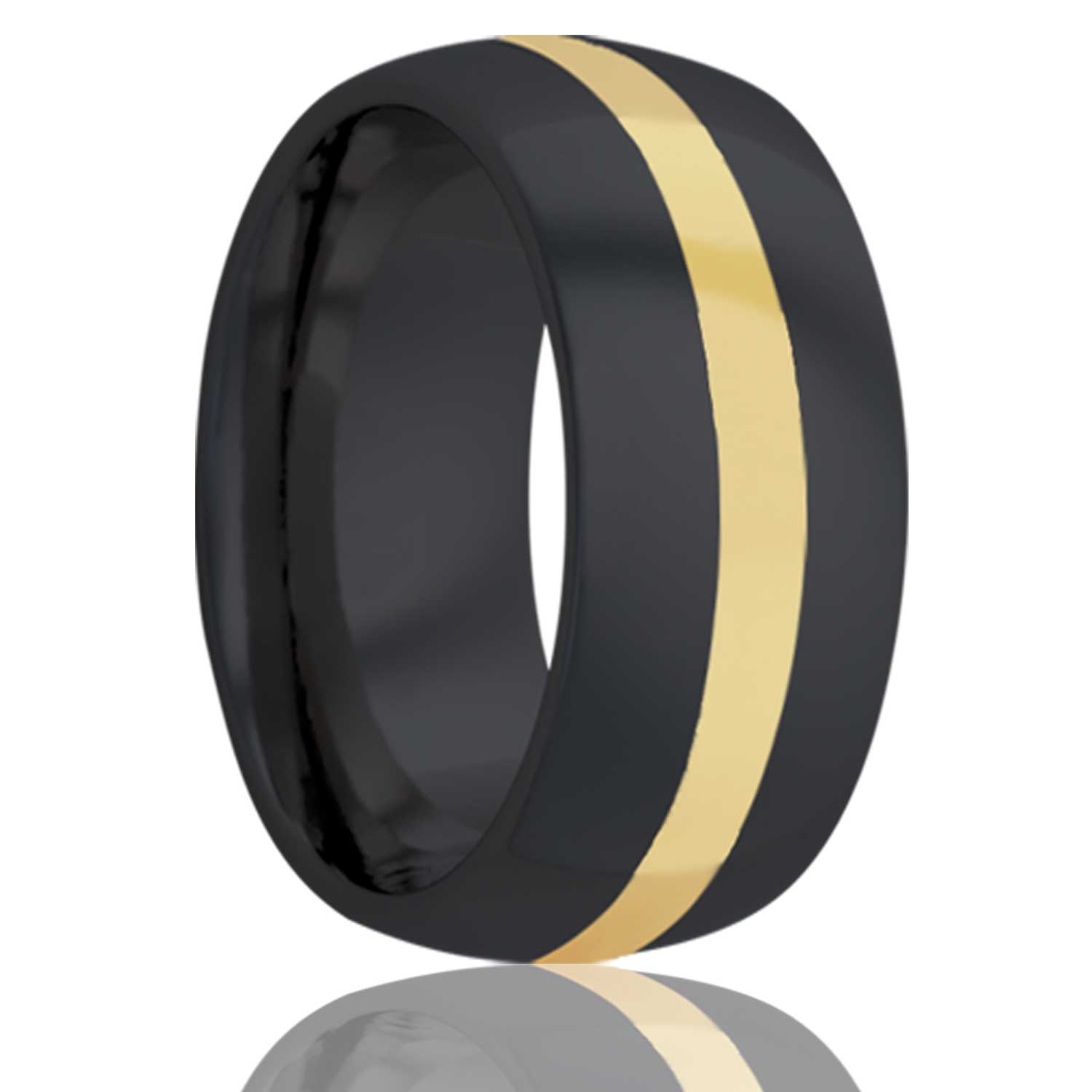 A 14k yellow gold inlay domed zirconium wedding band displayed on a neutral white background.
