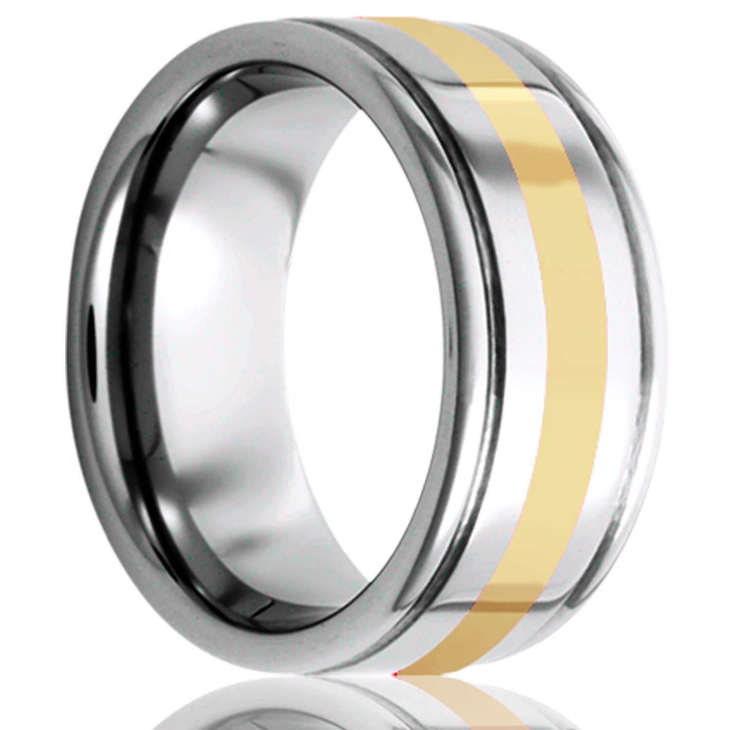A 14k yellow gold inlay cobalt wedding band with grooved edges displayed on a neutral white background.