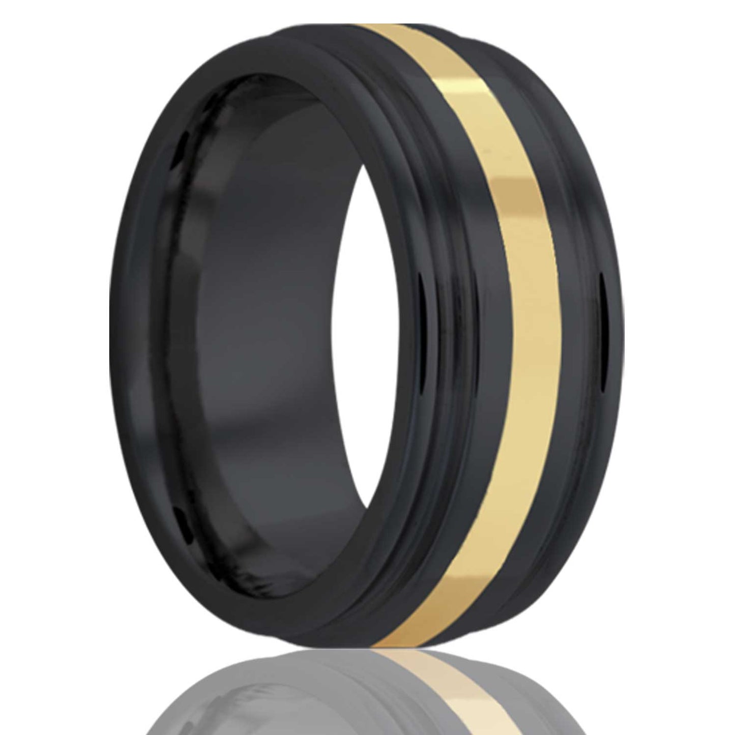 A 14k yellow gold inlay zirconium wedding band with grooved edges displayed on a neutral white background.