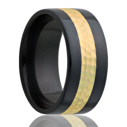 14k Yellow Gold Inlay Hammered Zirconium Wedding Band