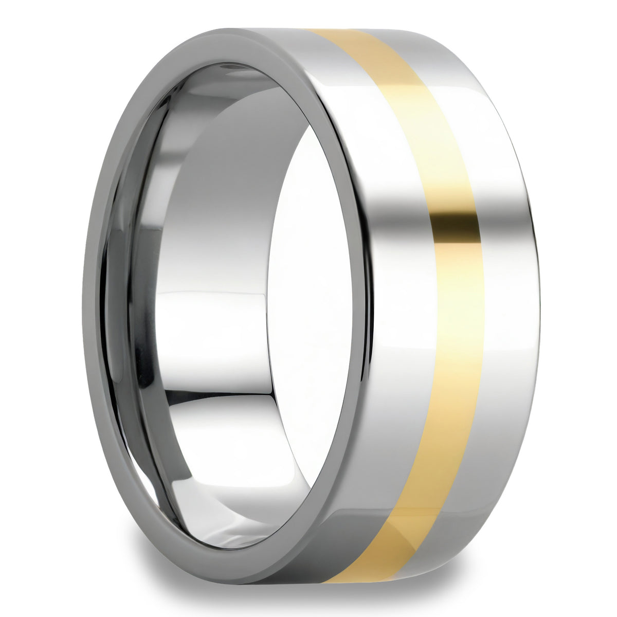 A 14k yellow gold inlay tungsten wedding band displayed on a neutral white background.