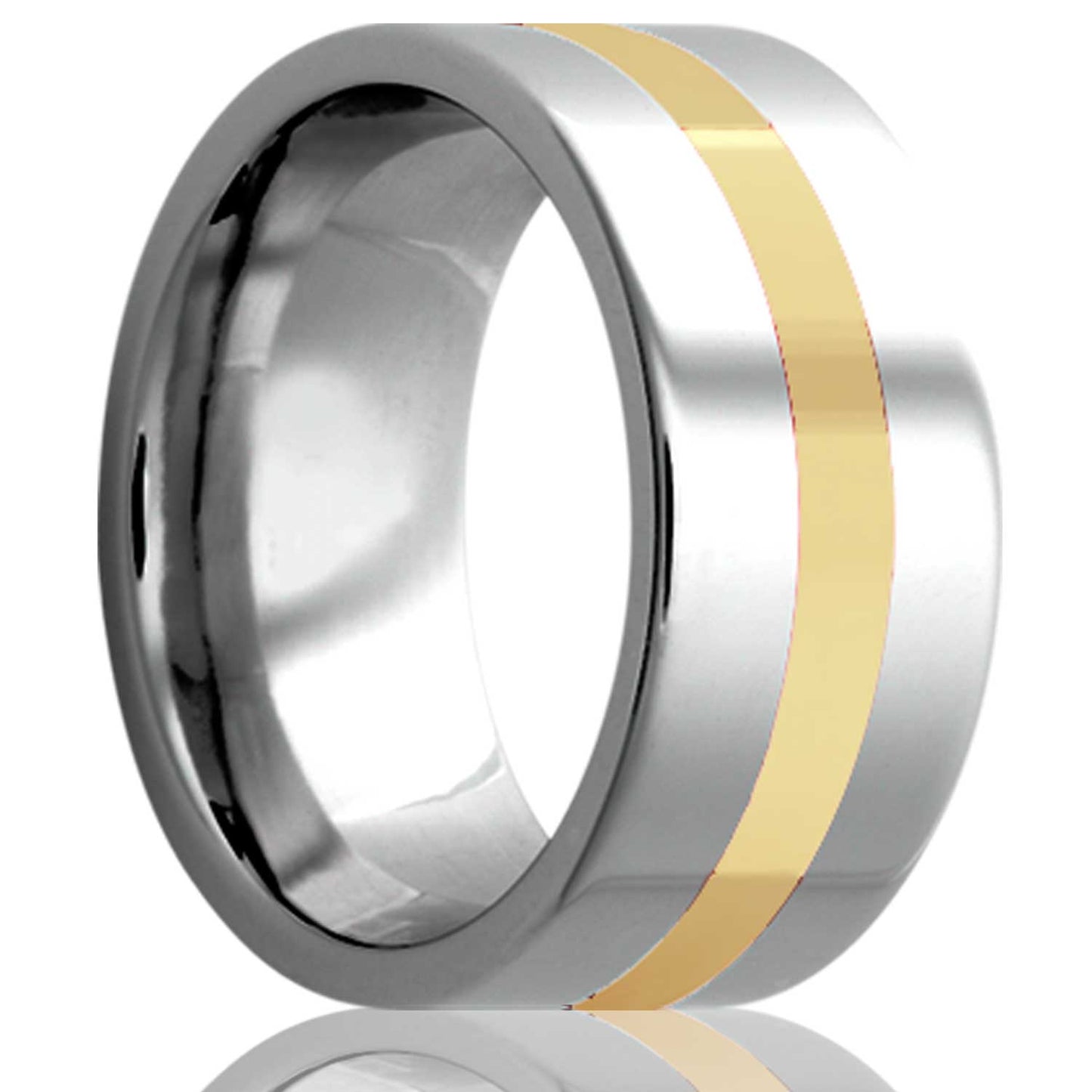 A 14k yellow gold inlay tungsten wedding band displayed on a neutral white background.