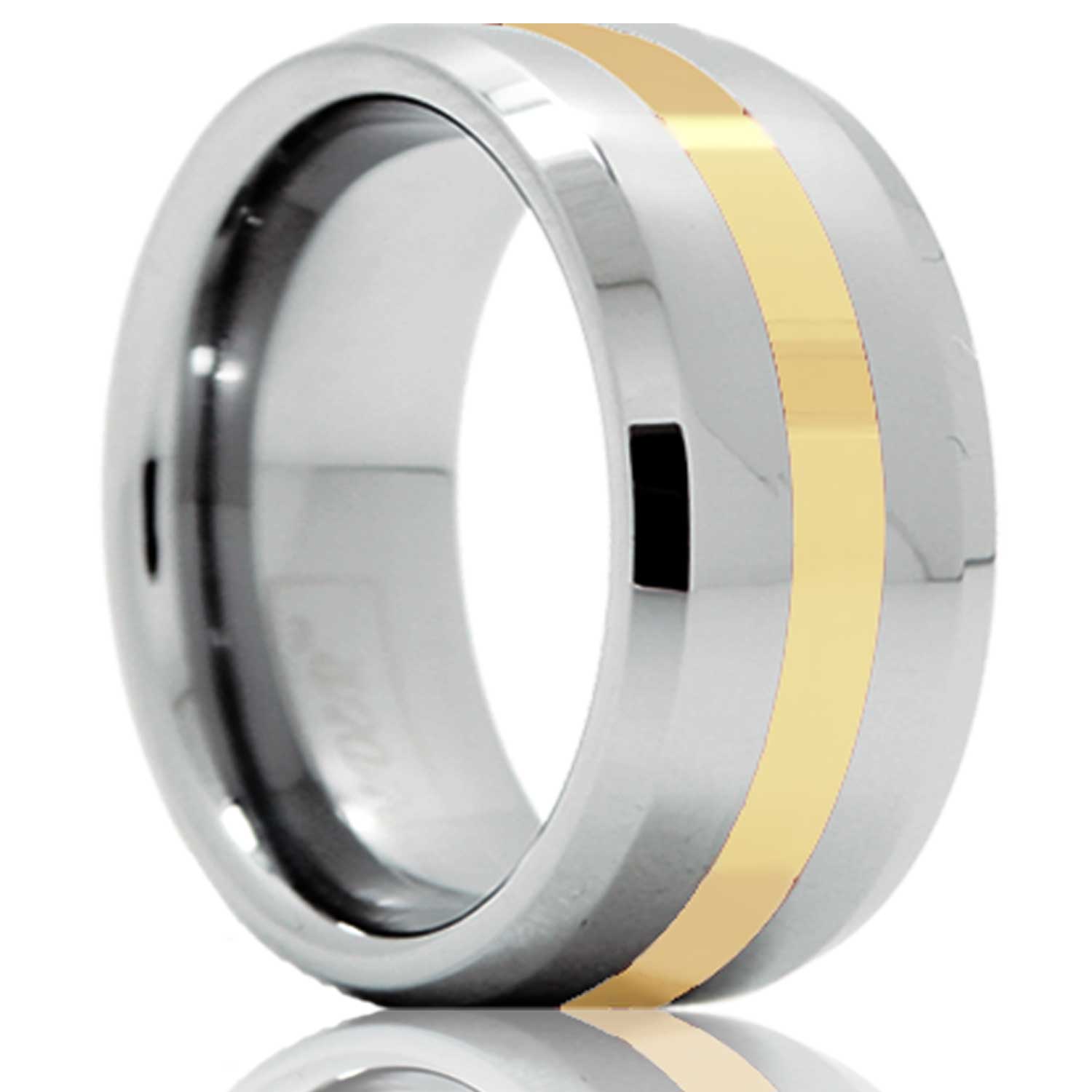 14k Yellow Gold Inlay Tungsten Wedding Band with Beveled Edges