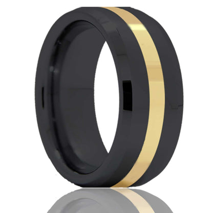 14k Yellow Gold Inlay Zirconium Wedding Band with Beveled Edges