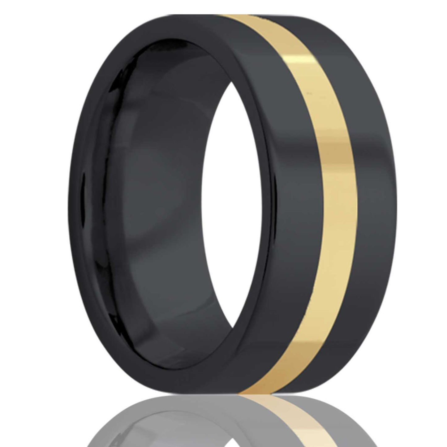 A 14k yellow gold inlaid zirconium wedding band displayed on a neutral white background.
