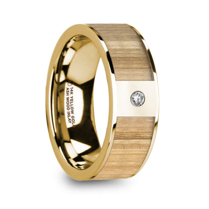 14k Yellow Gold Men's Wedding Band with Ash Wood Inlay & Diamond