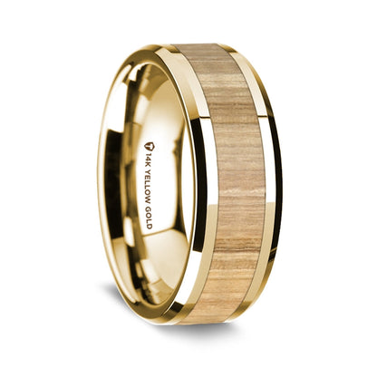 14k Yellow Gold Men's Wedding Band with Ash Wood Inlay