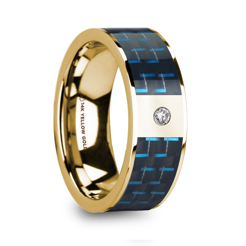 14k Yellow Gold Men's Wedding Band with and Black & Blue Carbon Fiber Inlay and Diamond