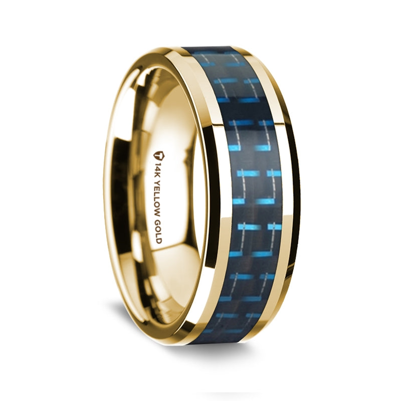 14k Yellow Gold Men's Wedding Band with Black & Blue Carbon Fiber Inlay