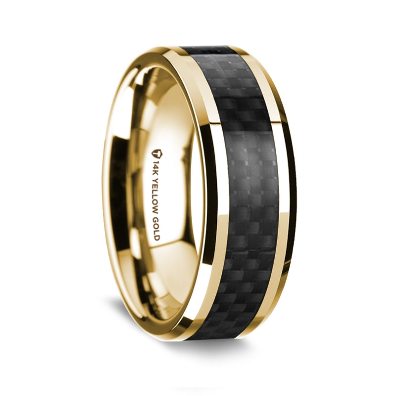 14k Yellow Gold Men's Wedding Band with Black Carbon Fiber Inlay