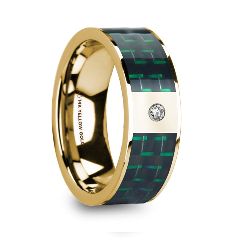 14k Yellow Gold Men's Wedding Band with Black & Green Carbon Fiber Inlay and Diamond