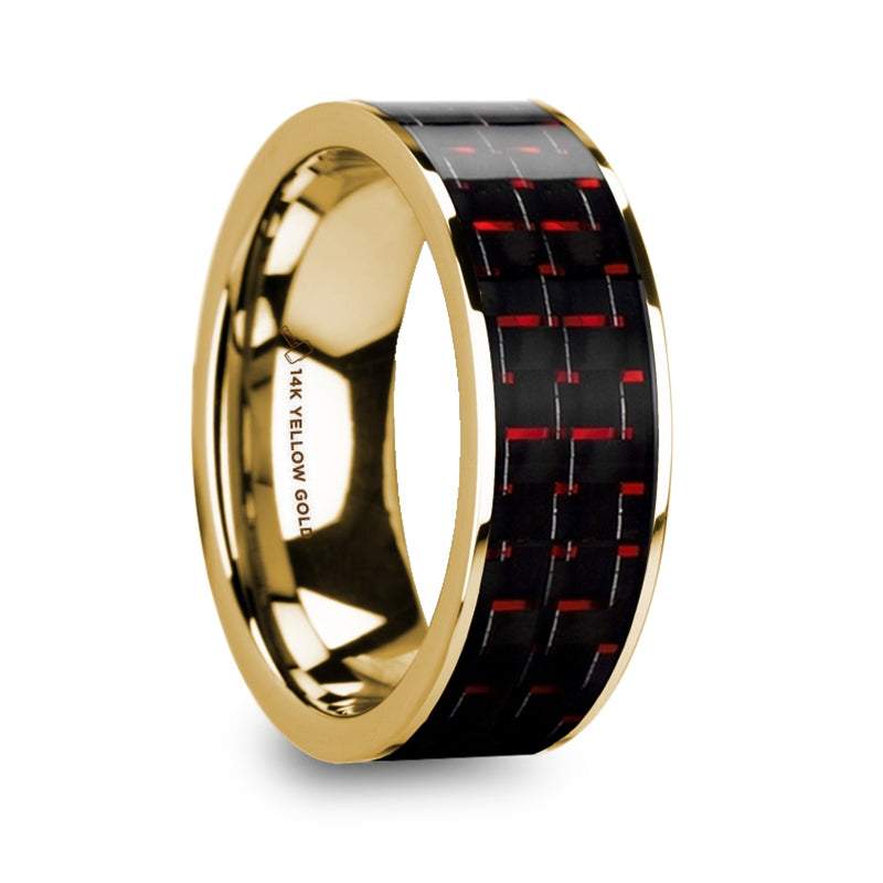 14k Yellow Gold Men's Wedding Band with Black & Red Carbon Fiber Inlay