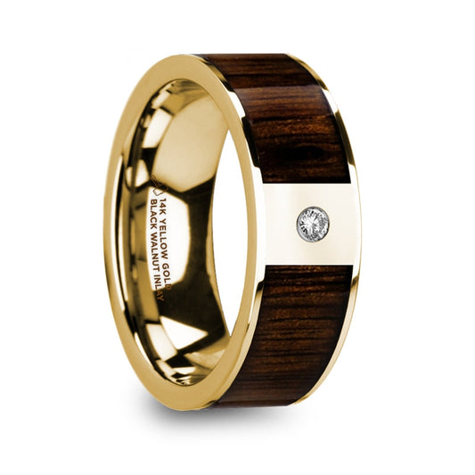 14k Yellow Gold Men's Wedding Band with Black Walnut Wood Inlay & Diamond