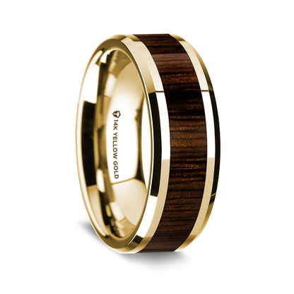 14k Yellow Gold Men's Wedding Band with Black Walnut Wood Inlay