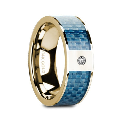 14k Yellow Gold Men's Wedding Band with Blue Carbon Fiber Inlay & Diamond