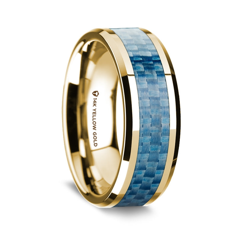 14k Yellow Gold Men's Wedding Band with Blue Carbon Fiber Inlay