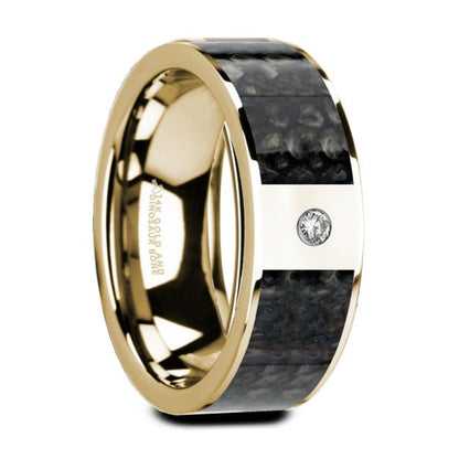 14k Yellow Gold Men's Wedding Band with Blue Dinosaur Bone Inlay & Diamond