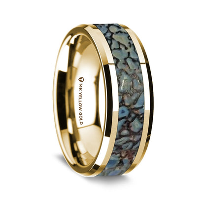 14k Yellow Gold Men's Wedding Band with Blue Dinosaur Bone Inlay