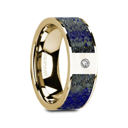 14k Yellow Gold Men's Wedding Band with Blue Lapis Lazuli Inlay & Diamond