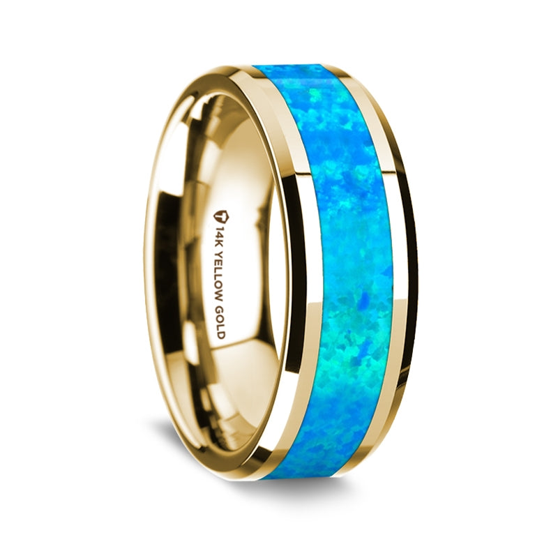 14k Yellow Gold Men's Wedding Band with Blue Opal Inlay