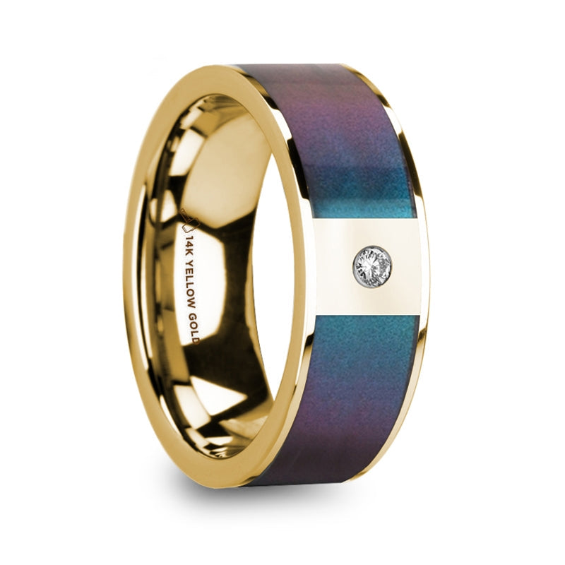 14k Yellow Gold Men's Wedding Band with Blue & Purple Color Changing Inlay and Diamond