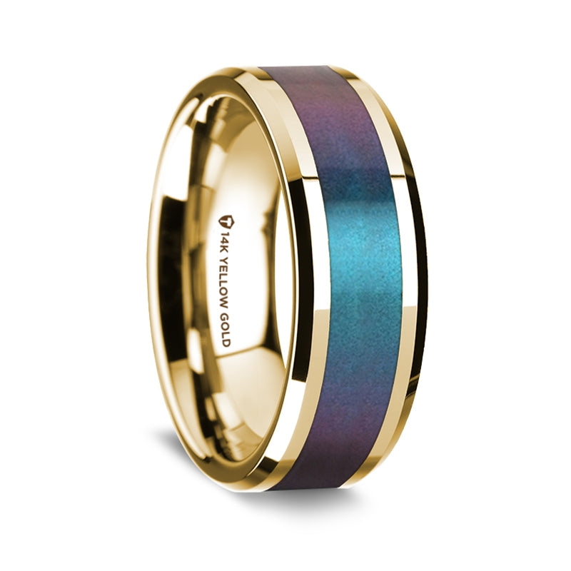 14k Yellow Gold Men's Wedding Band with Blue & Purple Color Changing Inlay