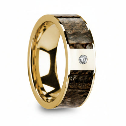 14k Yellow Gold Men's Wedding Band with Brown Dinosaur Bone Inlay & Diamond