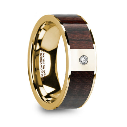 14k Yellow Gold Men's Wedding Band with Bubinga Wood Inlay & Diamond