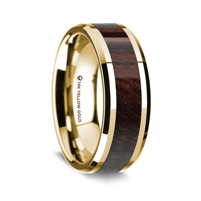 14k Yellow Gold Men's Wedding Band with Bubinga Wood Inlay