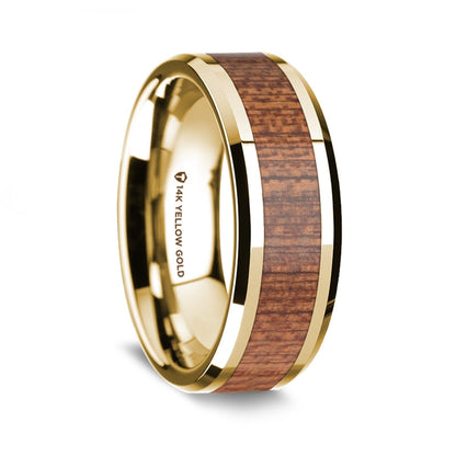 14k Yellow Gold Men's Wedding Band with Cherry Wood Inlay