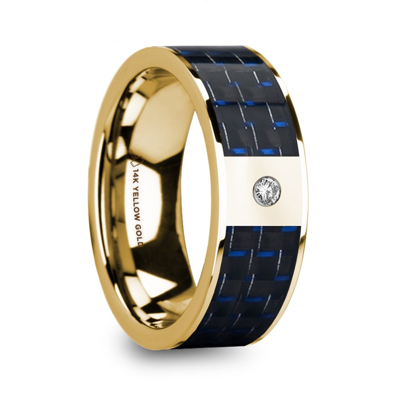 14k Yellow Gold Men's Wedding Band with Diamond and Blue & Black Carbon Fiber Inlay