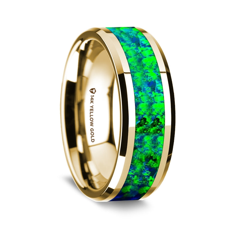 14k Yellow Gold Men's Wedding Band with Green & Blue Opal Inlay