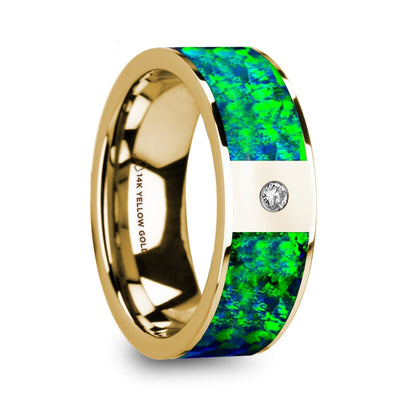 14k Yellow Gold Men's Wedding Band with Green & Blue Opal Inlay and Diamond