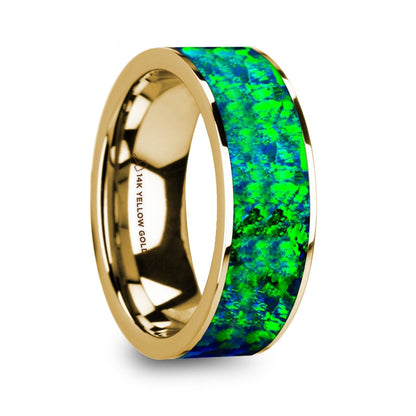 14k Yellow Gold Men's Wedding Band with Green and Blue Opal Inlay
