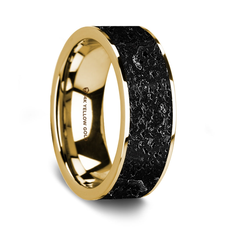 14k Yellow Gold Men's Wedding Band with Lava Rock Inlay