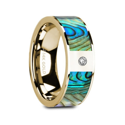 14k Yellow Gold Men's Wedding Band with Mother of Pearl Inlay & Diamond